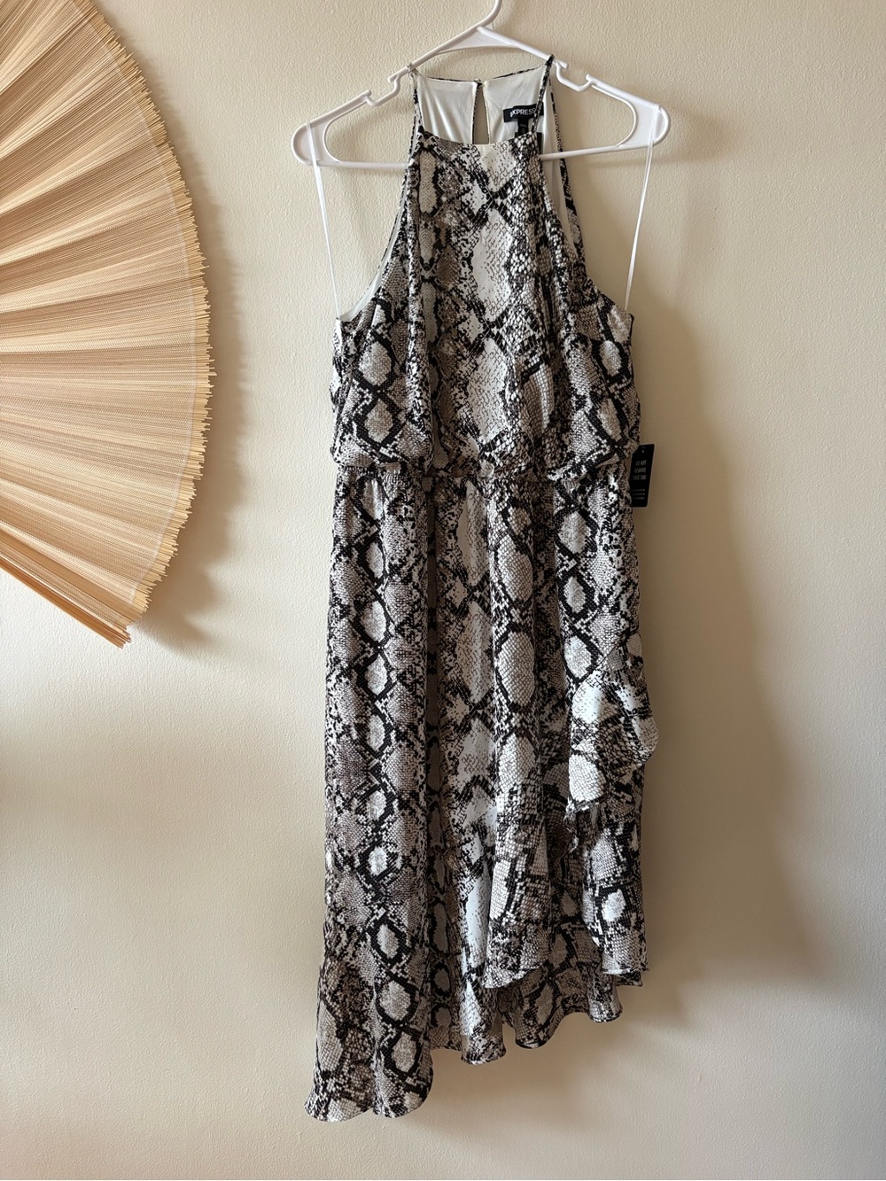 NWT Express Snake Print Black & White Midi Dress with Asymmetrical Ruffle Hem